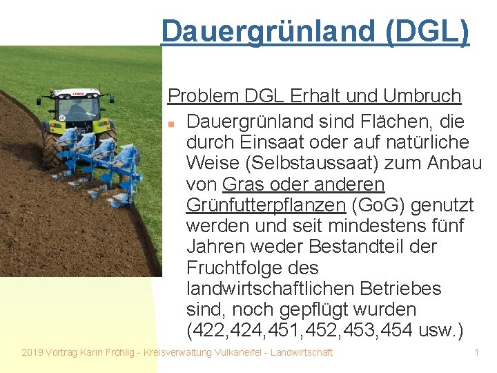 Dauergrünland (DGL) Problem DGL Erhalt und Umbruch n Dauergrünland sind Flächen, die durch Einsaat