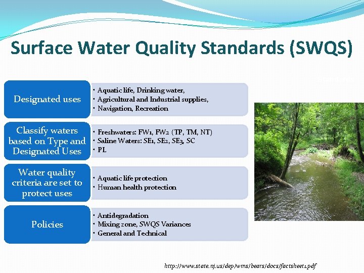 Surface Water Quality Standards (SWQS) Standards Designated uses • Aquatic life, Drinking water, •