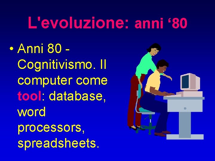 L'evoluzione: anni ‘ 80 • Anni 80 Cognitivismo. Il computer come tool: database, word