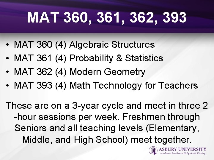 MAT 360, 361, 362, 393 • • MAT 360 (4) Algebraic Structures MAT 361