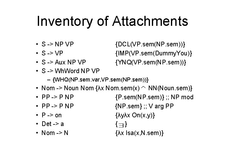 Inventory of Attachments • • S -> NP VP S -> Aux NP VP