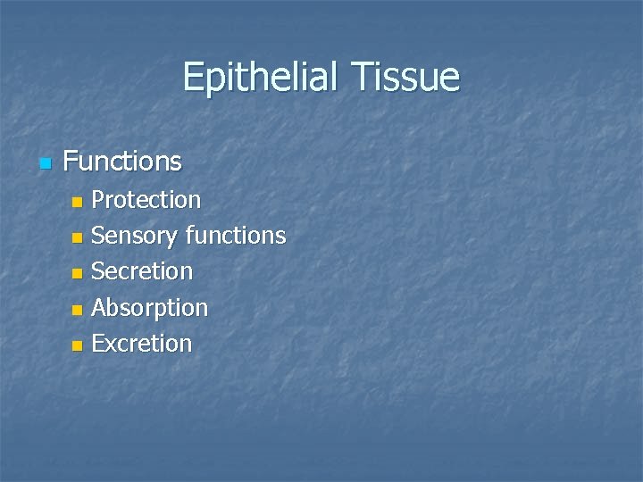Epithelial Tissue n Functions Protection n Sensory functions n Secretion n Absorption n Excretion