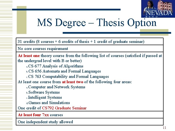 MS Degree – Thesis Option 31 credits (8 courses + 6 credits of thesis