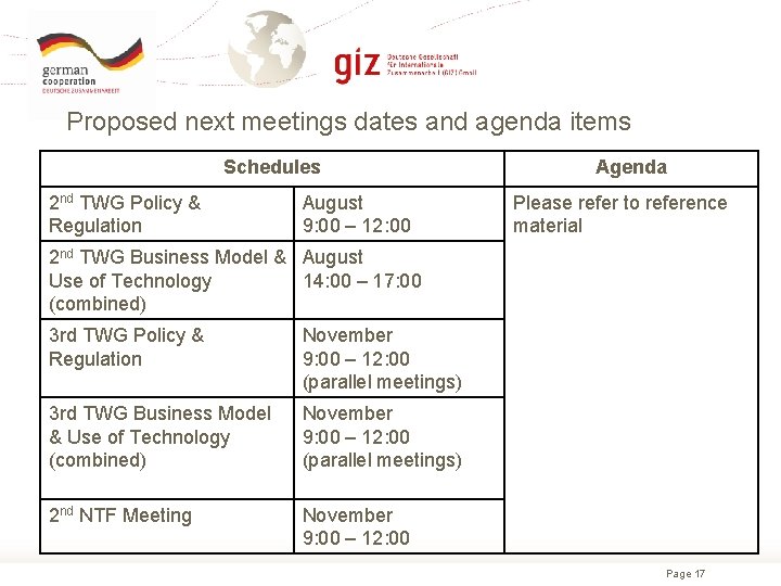 Proposed next meetings dates and agenda items Schedules 2 nd TWG Policy & Regulation