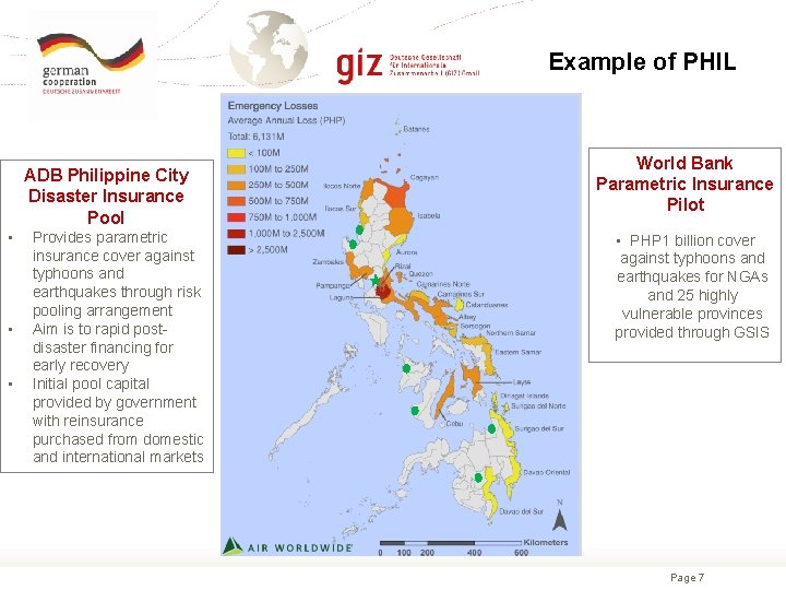 Example of PHIL ADB Philippine City Disaster Insurance Pool • • • Provides parametric