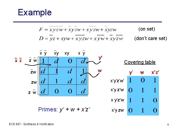 Example (on set) (don’t care set) x y x z xy xy x y