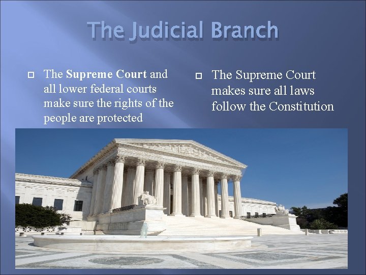 The Judicial Branch The Supreme Court and all lower federal courts make sure the
