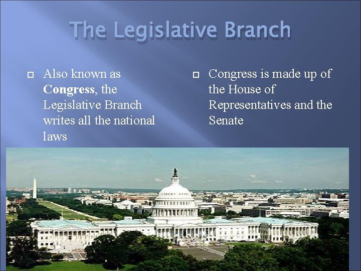 The Legislative Branch Also known as Congress, the Legislative Branch writes all the national