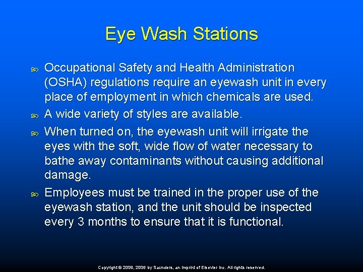 Eye Wash Stations Occupational Safety and Health Administration (OSHA) regulations require an eyewash unit