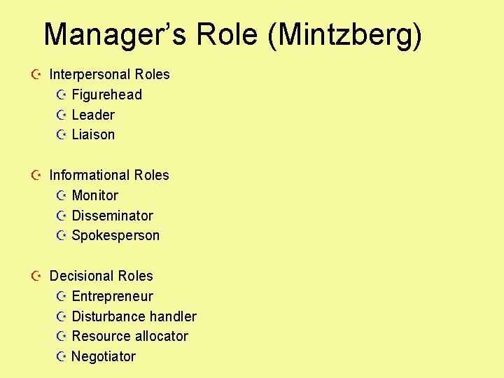 Manager’s Role (Mintzberg) Z Interpersonal Roles Z Figurehead Z Leader Z Liaison Z Informational