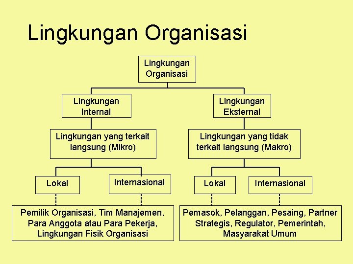 Lingkungan Organisasi Lingkungan Internal Lingkungan yang terkait langsung (Mikro) Lokal Internasional Pemilik Organisasi, Tim