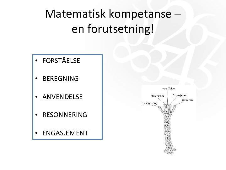 Matematisk kompetanse – en forutsetning! • FORSTÅELSE • BEREGNING • ANVENDELSE • RESONNERING • Matematisk kompetanse – en forutsetning! • FORSTÅELSE • BEREGNING • ANVENDELSE • RESONNERING •
