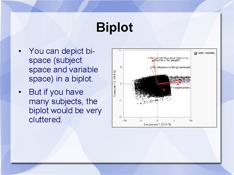 Biplot • You can depict bispace (subject space and variable space) in a biplot.