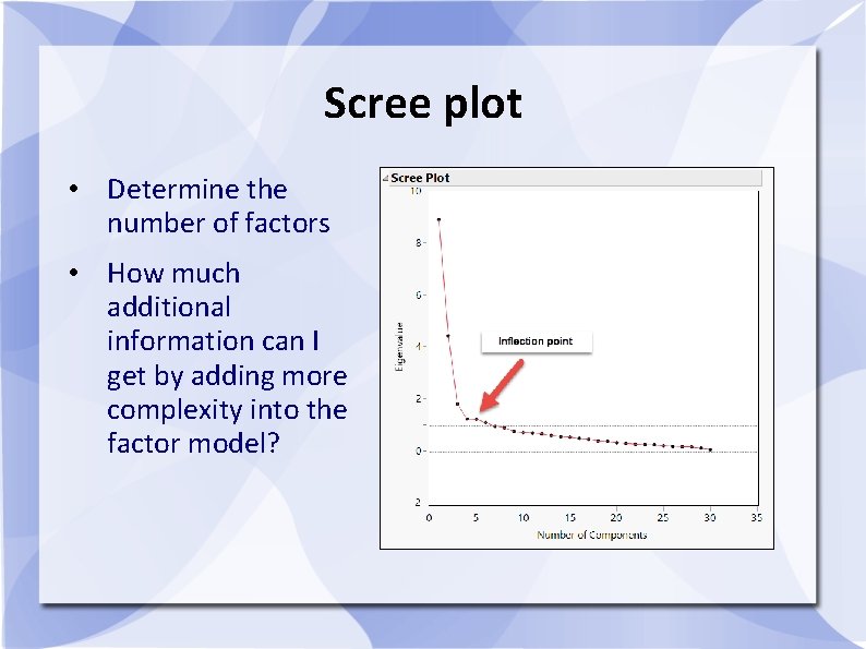 Scree plot • Determine the number of factors • How much additional information can