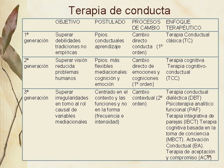 Terapia de conducta OBJETIVO POSTULADO PROCESOS DE CAMBIO Cambio directo conducta (1º orden) ENFOQUE Terapia de conducta OBJETIVO POSTULADO PROCESOS DE CAMBIO Cambio directo conducta (1º orden) ENFOQUE