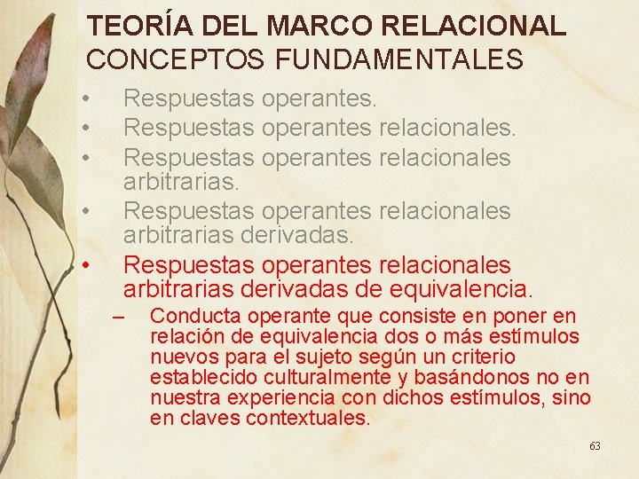 TEORÍA DEL MARCO RELACIONAL CONCEPTOS FUNDAMENTALES • • • Respuestas operantes relacionales arbitrarias derivadas TEORÍA DEL MARCO RELACIONAL CONCEPTOS FUNDAMENTALES • • • Respuestas operantes relacionales arbitrarias derivadas