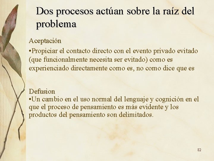 Dos procesos actúan sobre la raíz del problema Aceptación • Propiciar el contacto directo Dos procesos actúan sobre la raíz del problema Aceptación • Propiciar el contacto directo