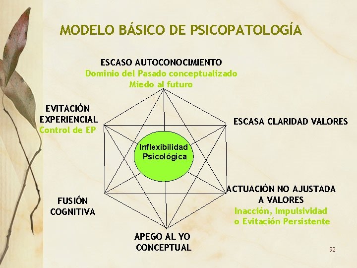 MODELO BÁSICO DE PSICOPATOLOGÍA ESCASO AUTOCONOCIMIENTO Dominio del Pasado conceptualizado Miedo al futuro EVITACIÓN MODELO BÁSICO DE PSICOPATOLOGÍA ESCASO AUTOCONOCIMIENTO Dominio del Pasado conceptualizado Miedo al futuro EVITACIÓN