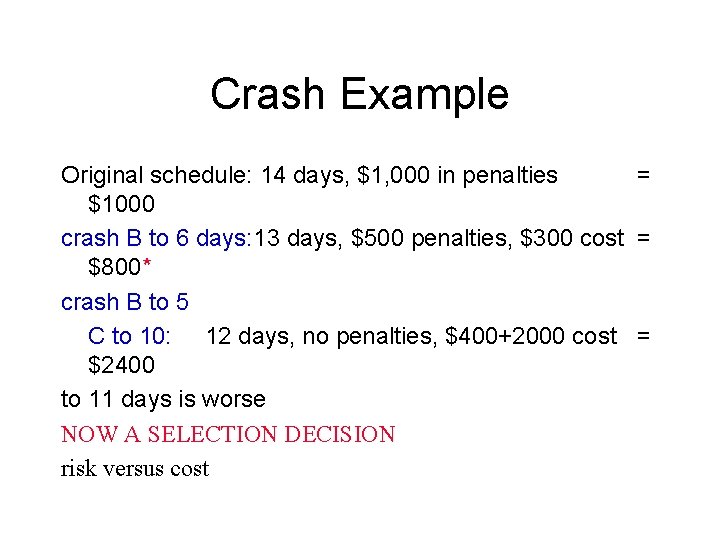 Crash Example Original schedule: 14 days, $1, 000 in penalties = $1000 crash B