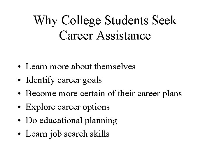 Why College Students Seek Career Assistance • • • Learn more about themselves Identify