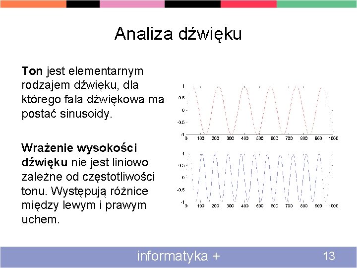 Analiza dźwięku Ton jest elementarnym rodzajem dźwięku, dla którego fala dźwiękowa ma postać sinusoidy.
