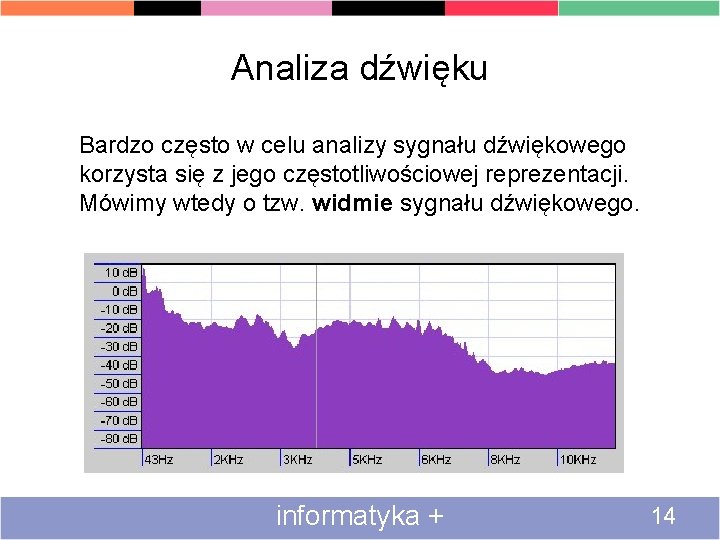 Analiza dźwięku Bardzo często w celu analizy sygnału dźwiękowego korzysta się z jego częstotliwościowej