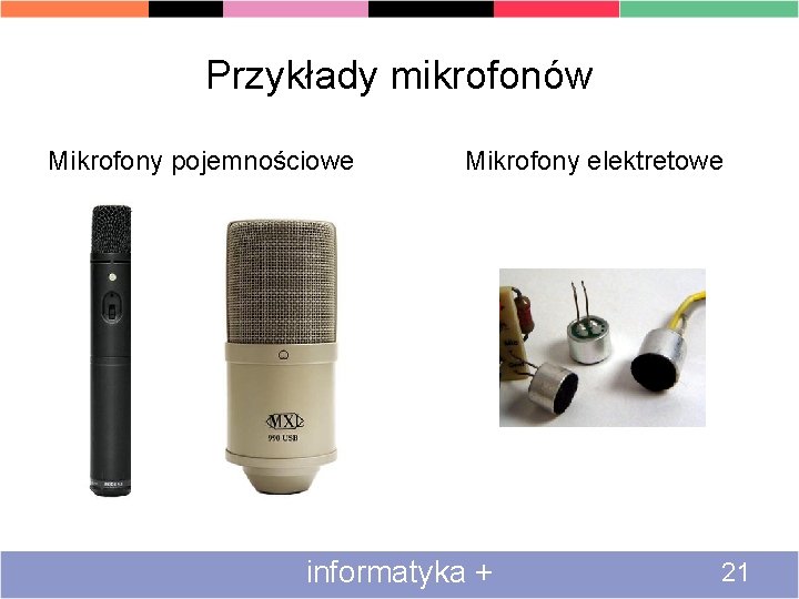 Przykłady mikrofonów Mikrofony pojemnościowe Mikrofony elektretowe informatyka + 21 