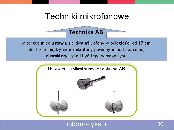 Techniki mikrofonowe Technika AB w tej technice ustawia się dwa mikrofony w odległości od