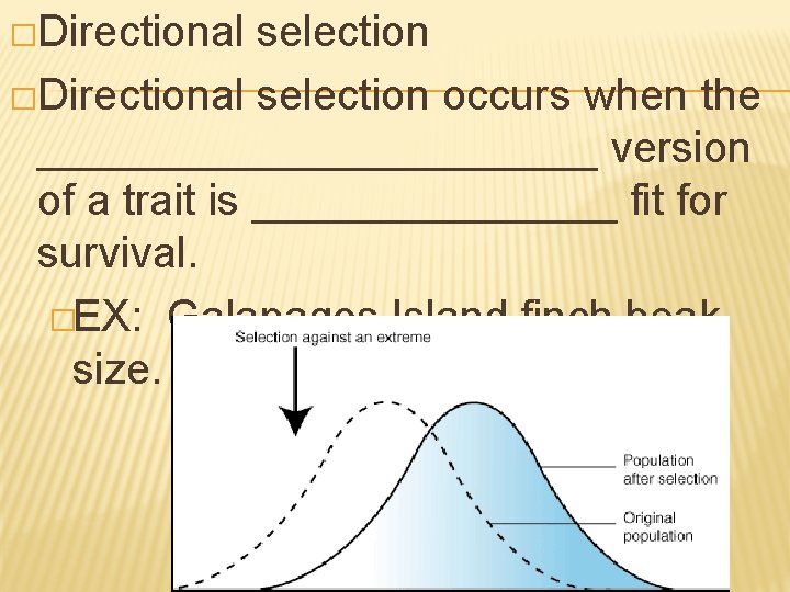 �Directional selection occurs when the ____________ version of a trait is ________ fit for
