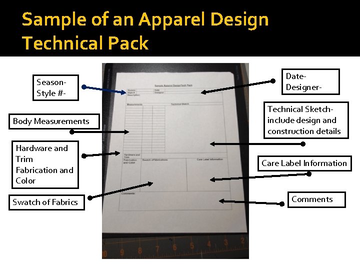 Sample of an Apparel Design Technical Pack Season. Style #Body Measurements Hardware and Trim