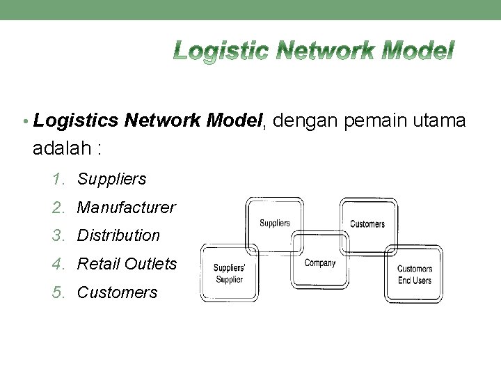 • Logistics Network Model, dengan pemain utama adalah : 1. Suppliers 2. Manufacturer • Logistics Network Model, dengan pemain utama adalah : 1. Suppliers 2. Manufacturer