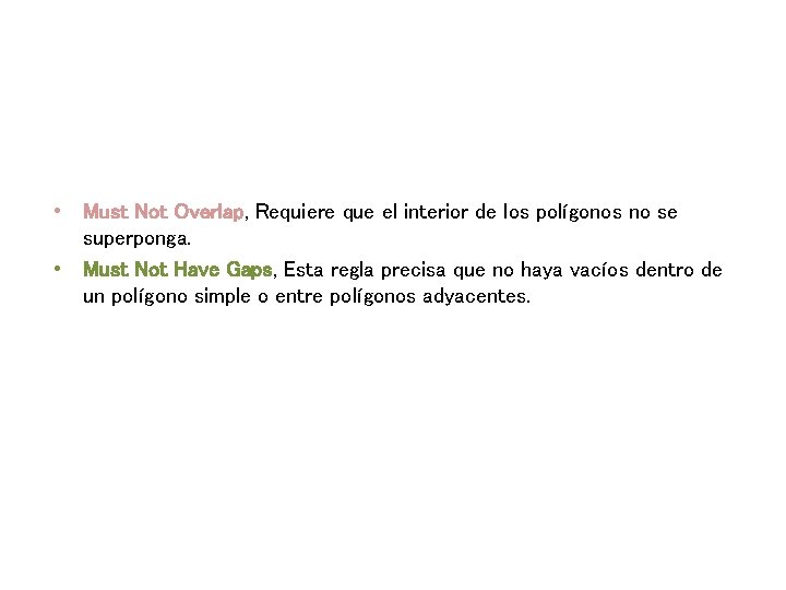  • Must Not Overlap, Requiere que el interior de los polígonos no se