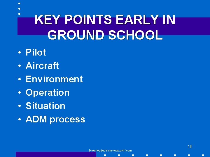 KEY POINTS EARLY IN GROUND SCHOOL • • • Pilot Aircraft Environment Operation Situation