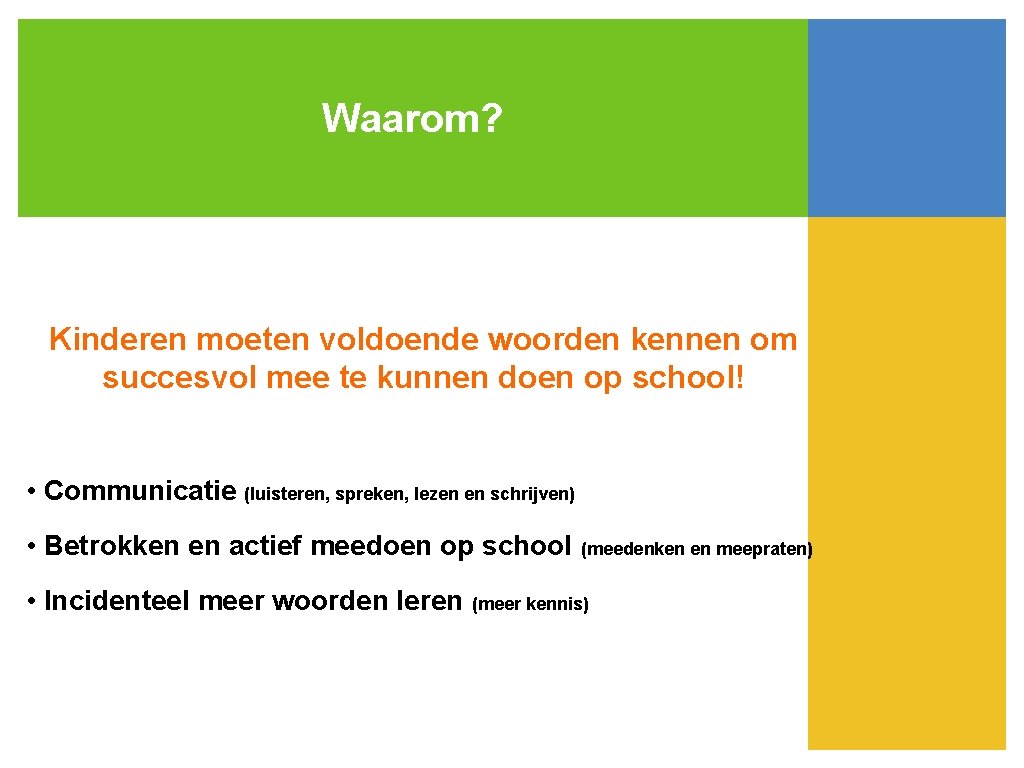 Waarom? Kinderen moeten voldoende woorden kennen om succesvol mee te kunnen doen op school!