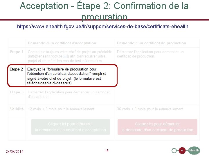 Acceptation - Étape 2: Confirmation de la procuration https: //www. ehealth. fgov. be/fr/support/services-de-base/certificats-ehealth Coordination: