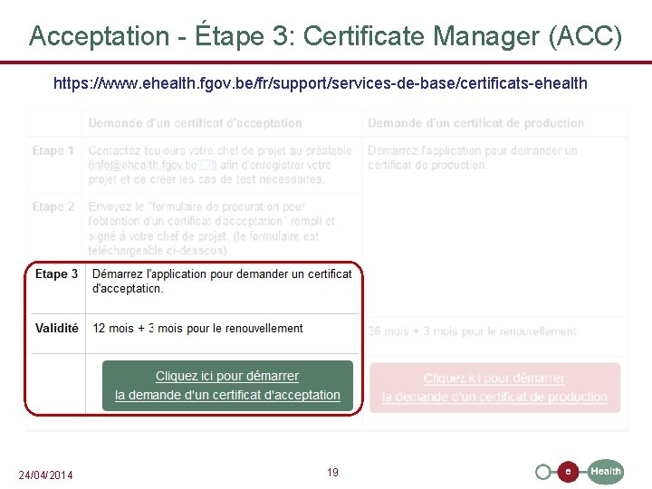 Acceptation - Étape 3: Certificate Manager (ACC) https: //www. ehealth. fgov. be/fr/support/services-de-base/certificats-ehealth 24/04/2014 19