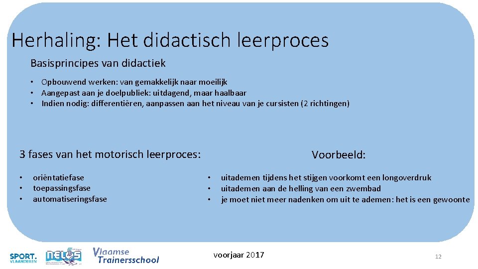 Herhaling: Het didactisch leerproces Basisprincipes van didactiek • Opbouwend werken: van gemakkelijk naar moeilijk Herhaling: Het didactisch leerproces Basisprincipes van didactiek • Opbouwend werken: van gemakkelijk naar moeilijk