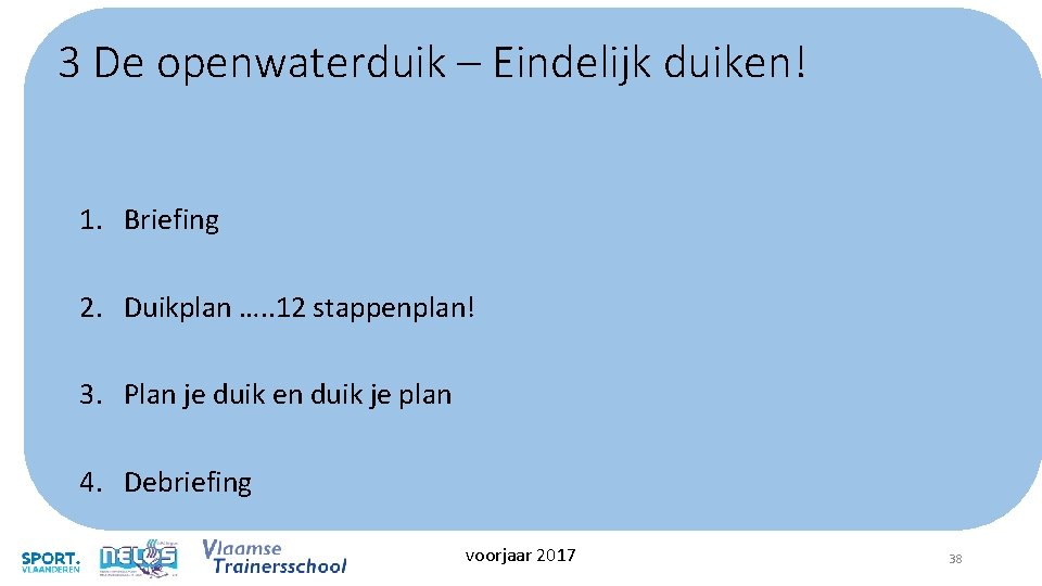 3 De openwaterduik – Eindelijk duiken! 1. Briefing 2. Duikplan …. . 12 stappenplan! 3 De openwaterduik – Eindelijk duiken! 1. Briefing 2. Duikplan …. . 12 stappenplan!