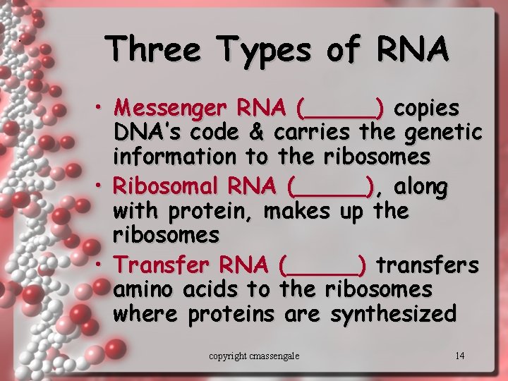 . Three Types of RNA • Messenger RNA (_____) copies DNA’s code & carries