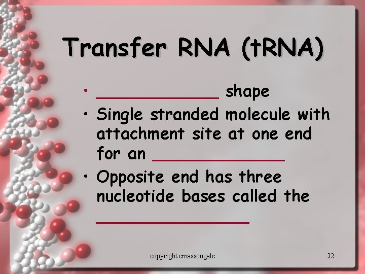 Transfer RNA (t. RNA) • ______ shape • Single stranded molecule with attachment site