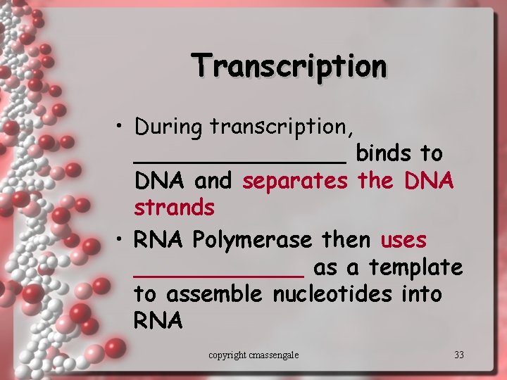 Transcription • During transcription, ________ binds to DNA and separates the DNA strands •