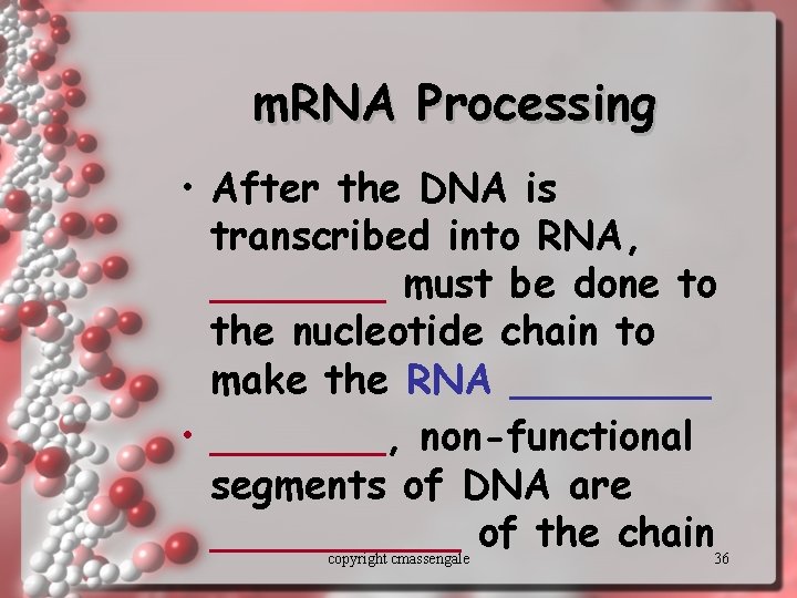 m. RNA Processing • After the DNA is transcribed into RNA, _______ must be