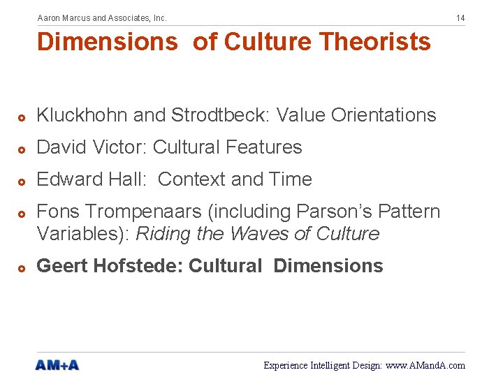 Aaron Marcus and Associates, Inc. 14 Dimensions of Culture Theorists £ Kluckhohn and Strodtbeck: