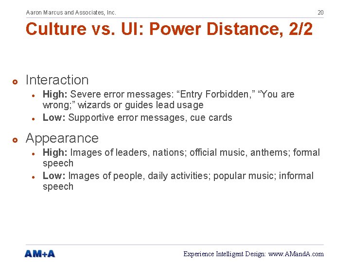 Aaron Marcus and Associates, Inc. 20 Culture vs. UI: Power Distance, 2/2 £ Interaction