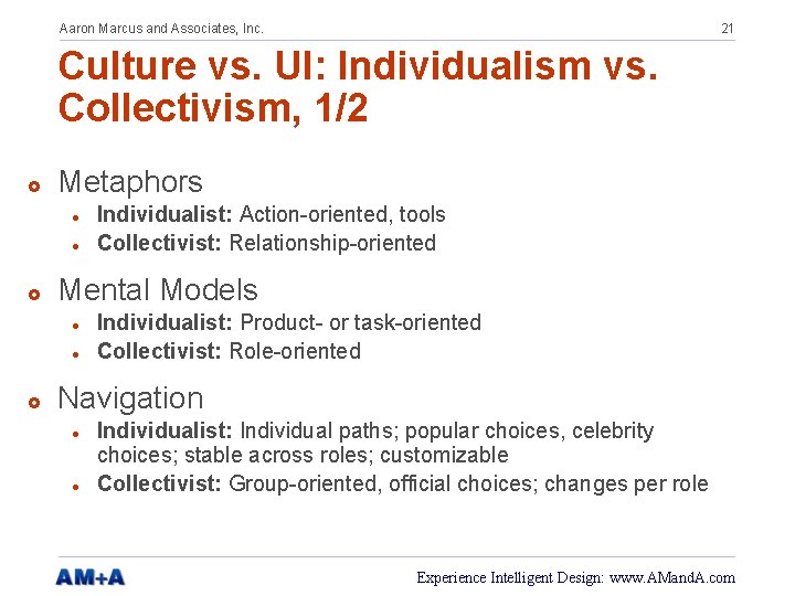 Aaron Marcus and Associates, Inc. 21 Culture vs. UI: Individualism vs. Collectivism, 1/2 £