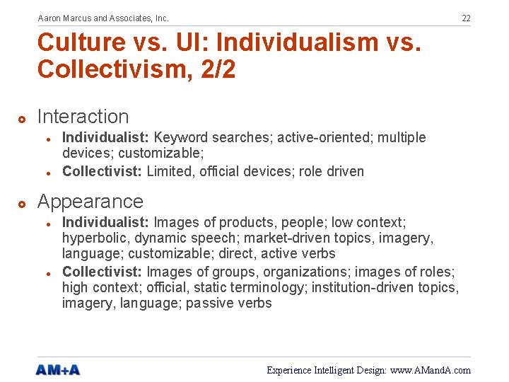 Aaron Marcus and Associates, Inc. 22 Culture vs. UI: Individualism vs. Collectivism, 2/2 £