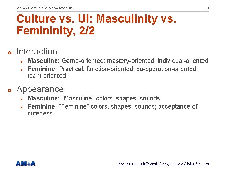 Aaron Marcus and Associates, Inc. 30 Culture vs. UI: Masculinity vs. Femininity, 2/2 £
