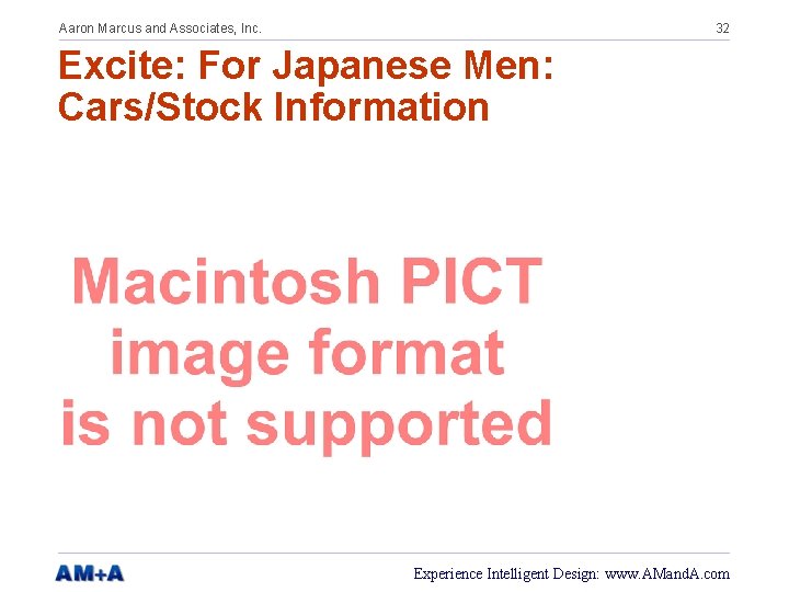 Aaron Marcus and Associates, Inc. 32 Excite: For Japanese Men: Cars/Stock Information Experience Intelligent