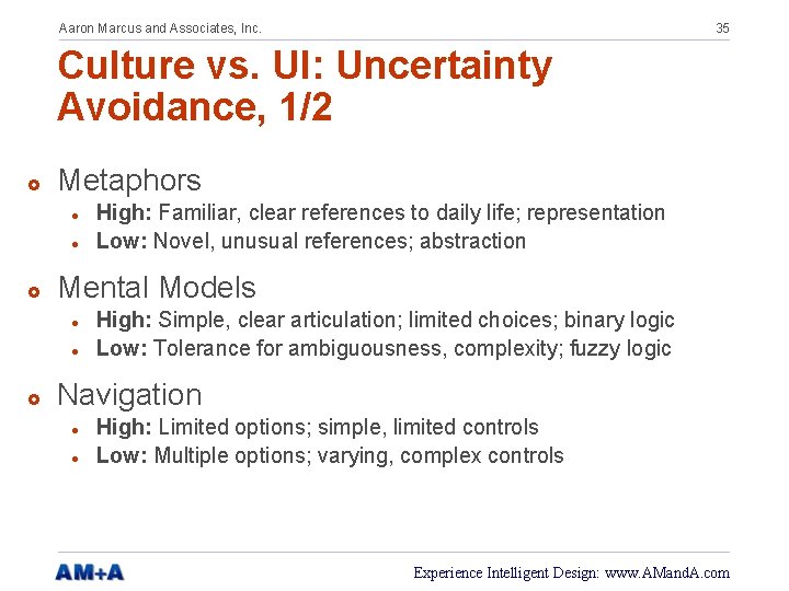 Aaron Marcus and Associates, Inc. 35 Culture vs. UI: Uncertainty Avoidance, 1/2 £ Metaphors