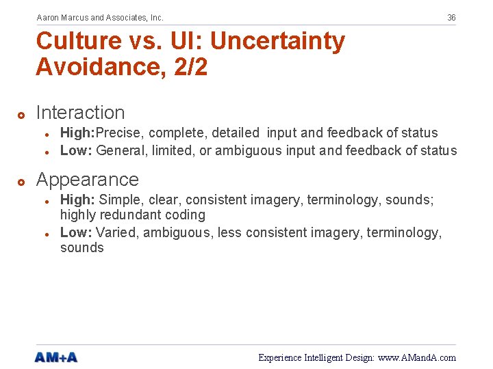 Aaron Marcus and Associates, Inc. 36 Culture vs. UI: Uncertainty Avoidance, 2/2 £ Interaction